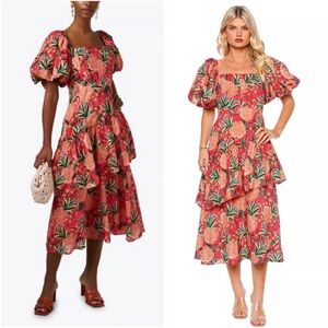 FARM Rio Pineapple Bloom NWT Floral Puff Sleeve Midi Dress Boning